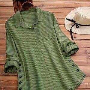 Solid Side Button Blouse, Boho Collar Rollable Sleeve Blouse, Women's Clothing